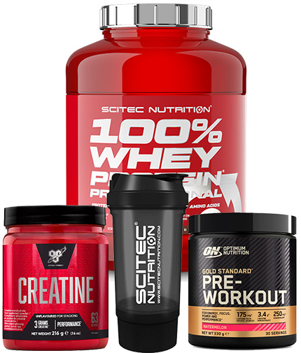 PROMO STACK SCITEC 100% Whey + Creatne + Pre Workout + Shaker